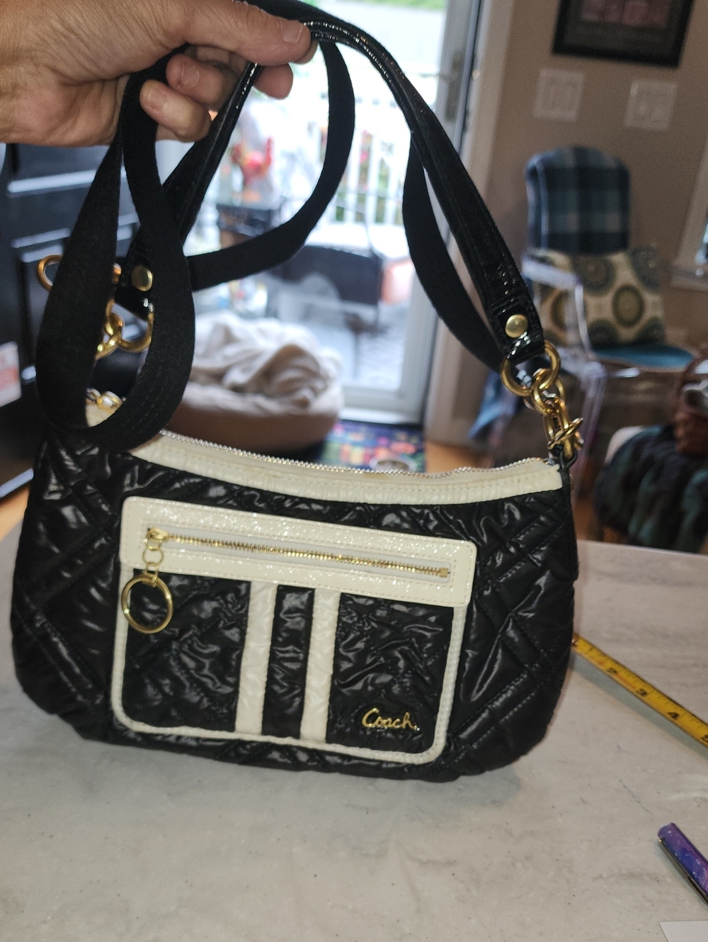 Vintage Coach Y2K Poppy Ski Bunny Black Quilted Shoulder Bag with Cream Trim